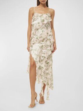 NWT $495 MISA Los Angeles ILYSA Midi Ruffle Dress Size Med White Floral Sage